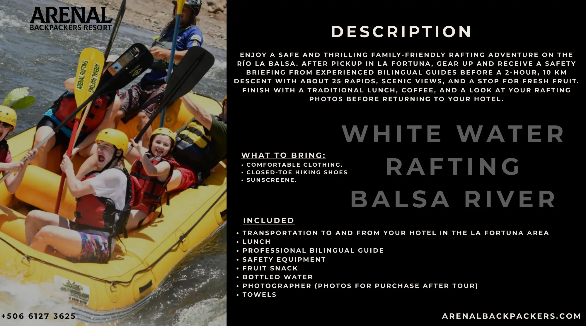 Balsa River Rafting information card