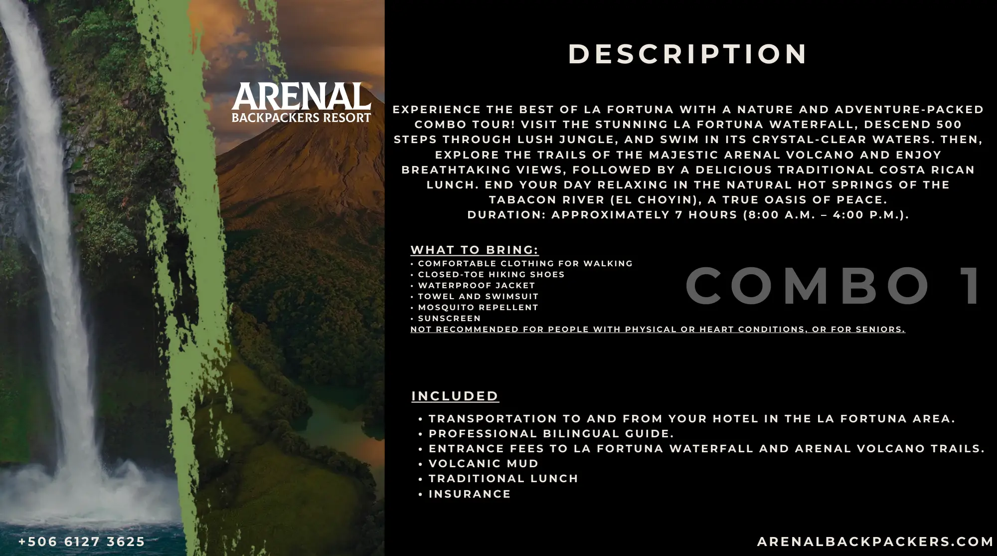 Waterfall, Volcano & Hot Springs · Combo 1 information card