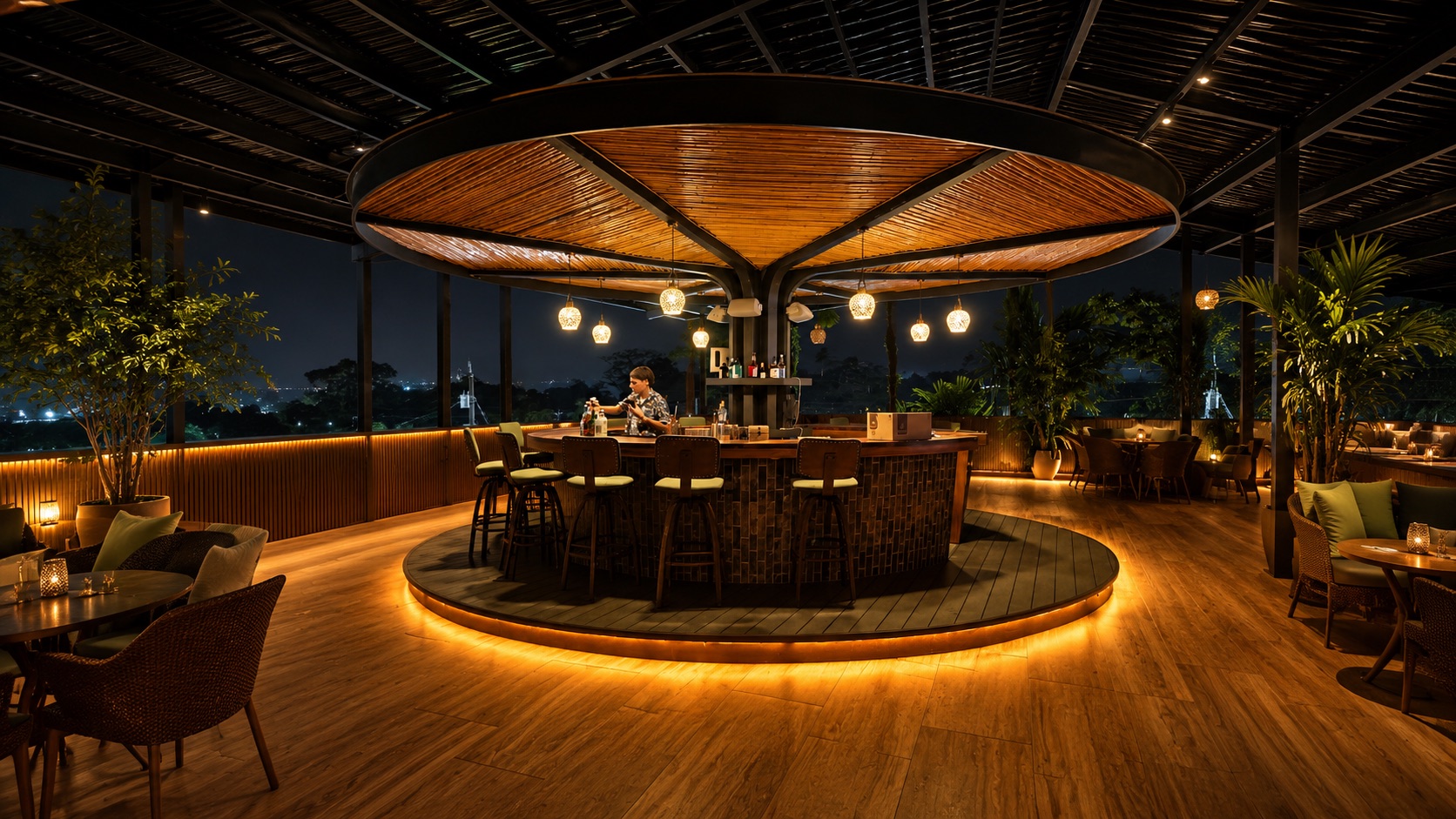 Illuminated rooftop bar at Arenal Backpackers Resort at night