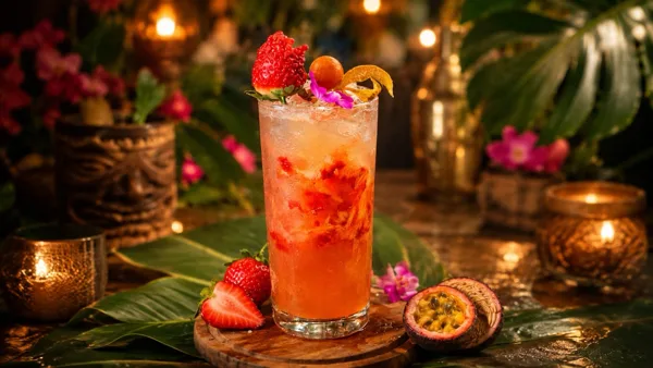 A fruit-garnished cocktail