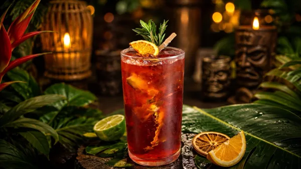 A tall tropical cocktail