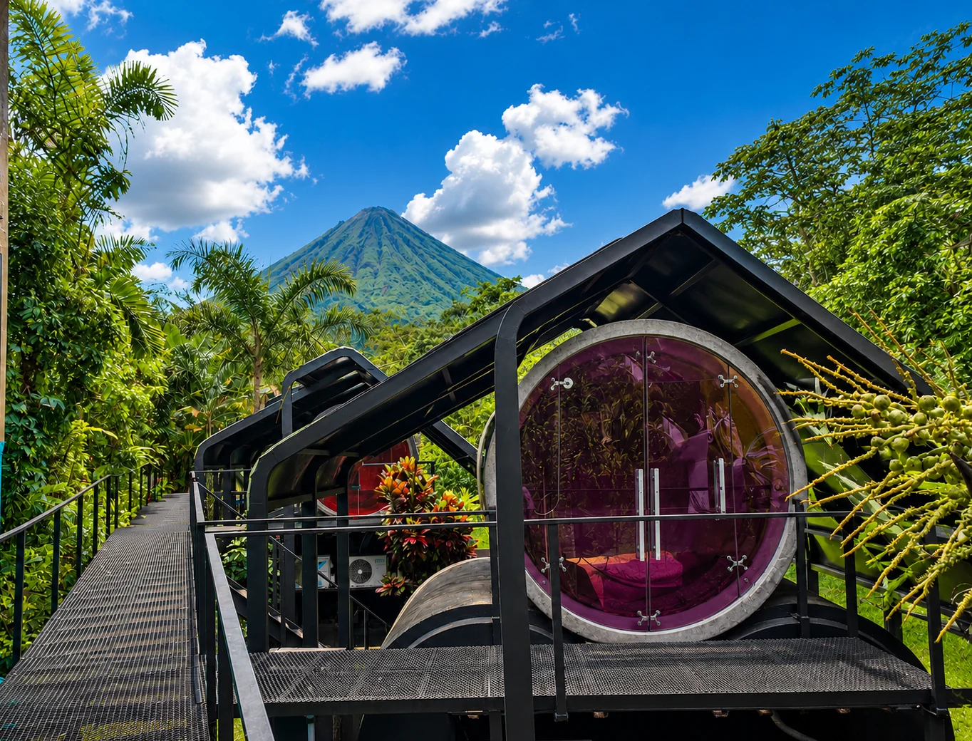 Arenal Secret Garden cylinder rooms framed by tropical gardens and Arenal Volcano